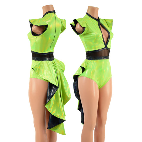 Neon Lime Holographic Tuxedo Back Romper - Coquetry Clothing