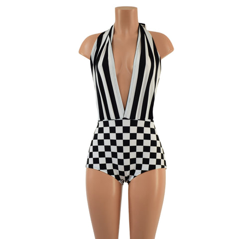 Josie Romper in Black and White Checkered and Stripes - Coquetry Clothing