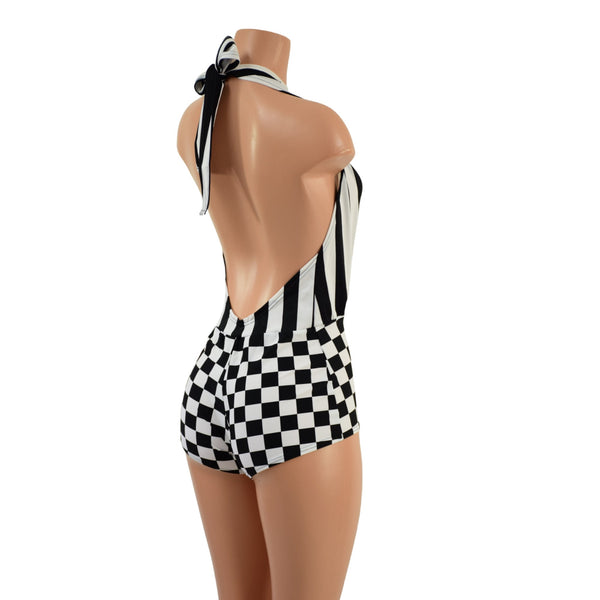 Josie Romper in Black and White Checkered and Stripes - 4