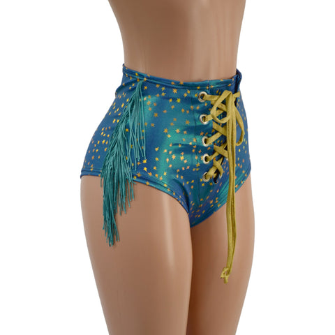 Stardust Laceup Front Siren Shorts with Dusty Jade Fringe - Coquetry Clothing