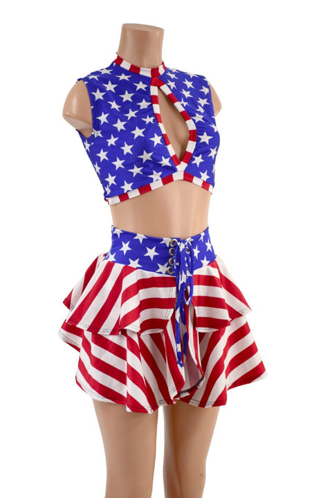 Patriotic Open Front Lace Up Skirt & Keyhole Top Set - Coquetry Clothing