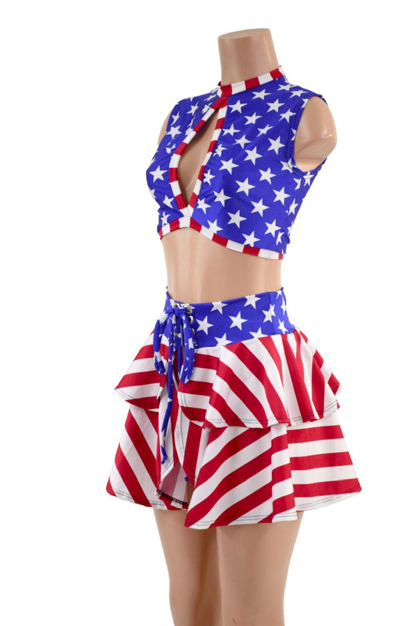 Patriotic Open Front Lace Up Skirt & Keyhole Top Set - 3