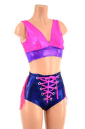 Pink, Purple & Blue Fringed Laceup Shorts & Bralette Set - 1