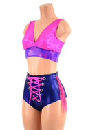 Pink, Purple & Blue Fringed Laceup Shorts & Bralette Set - 2