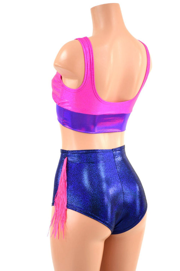 Pink, Purple & Blue Fringed Laceup Shorts & Bralette Set - 3
