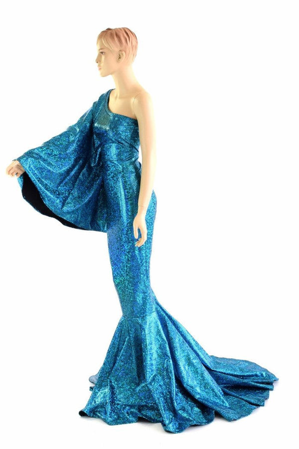 "Sea Goddess" One Shoulder Turquoise Puddle Train Gown - 4