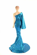 "Sea Goddess" One Shoulder Turquoise Puddle Train Gown - 3