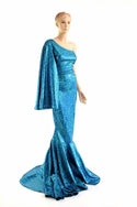 "Sea Goddess" One Shoulder Turquoise Puddle Train Gown - 2