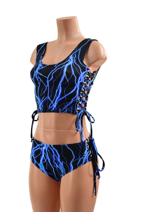 Neon Blue Lightning Lace Up Set - Coquetry Clothing