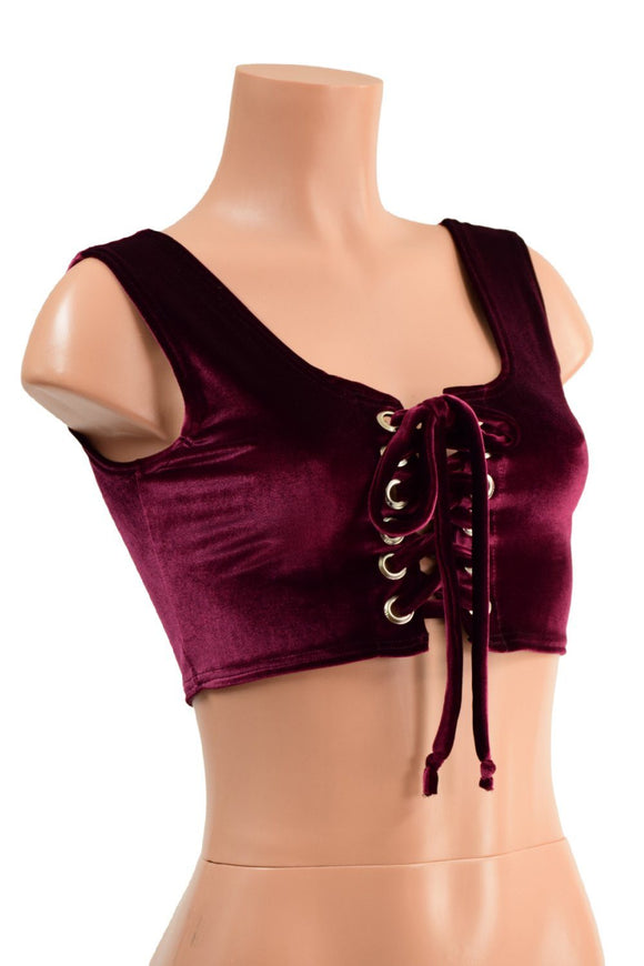 6" Mini Lace UP Front Crop Tank in Burgundy Velvet - Coquetry Clothing