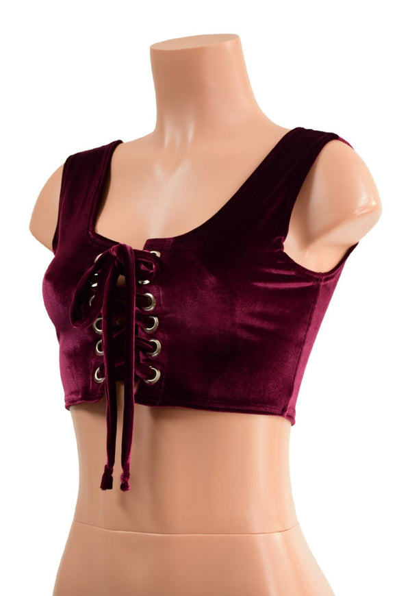 6" Mini Lace UP Front Crop Tank in Burgundy Velvet - Coquetry Clothing