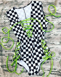 Made to Order Checkered Lace Up Romper - 2