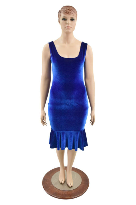 Sapphire Velvet Tank Style Ruffled Wiggle Dress - Coquetry Clothing