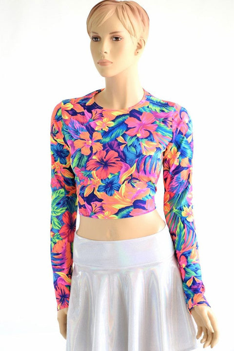 Neon Tahitian Floral Long Sleeve Crop - Coquetry Clothing