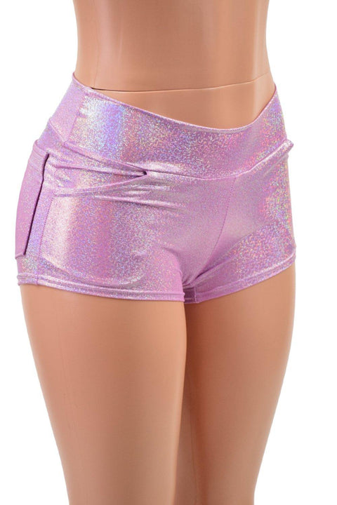 Lilac Holographic Mid Rise Shorts with Front and Back Pockets - Coquetry Clothing