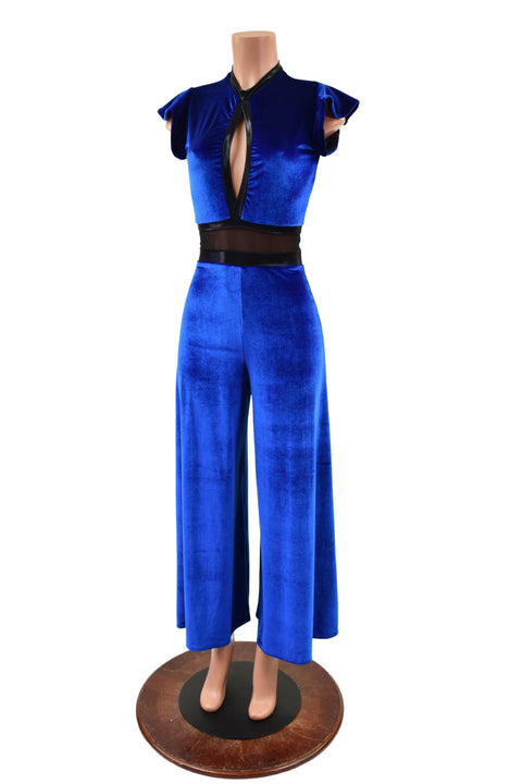 Blue Velvet Wide Leg Jumpsuit with Mesh Waist Panel - Coquetry Clothing