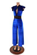 Blue Velvet Wide Leg Jumpsuit with Mesh Waist Panel - 1