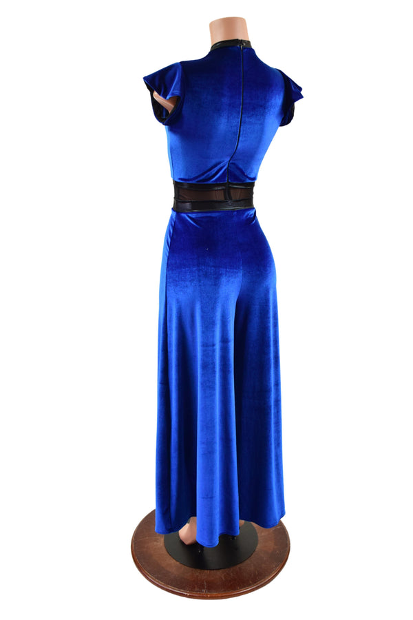 Blue Velvet Wide Leg Jumpsuit with Mesh Waist Panel - 4