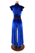 Blue Velvet Wide Leg Jumpsuit with Mesh Waist Panel - 5