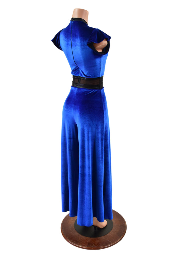 Blue Velvet Wide Leg Jumpsuit with Mesh Waist Panel - 6