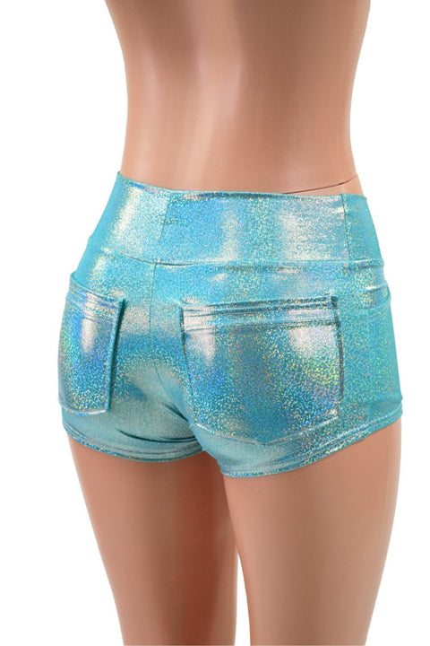 Seafoam Holographic Mid Rise Shorts with Front and Back Pockets - Coquetry Clothing
