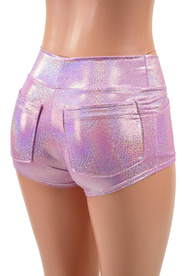 Lilac Holographic Mid Rise Shorts with Front and Back Pockets - 2