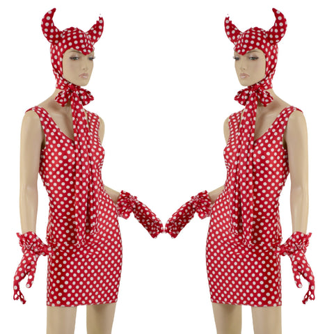 Polka Dot Devil Bonnet, Ruffle Gloves, and Bodycon Tank Dress Set - Coquetry Clothing