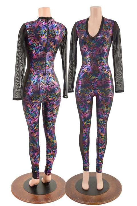 Cyberspace Catsuit with Mesh Sleeves & Side Panels - Coquetry Clothing