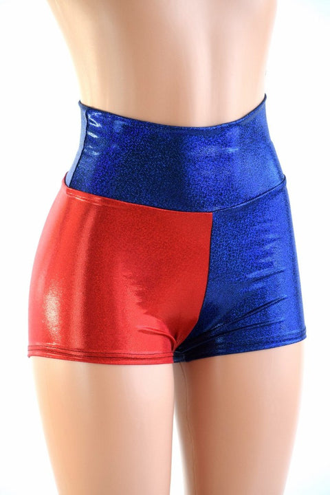 Harlequin Red & Blue High Waist Shorts - Coquetry Clothing