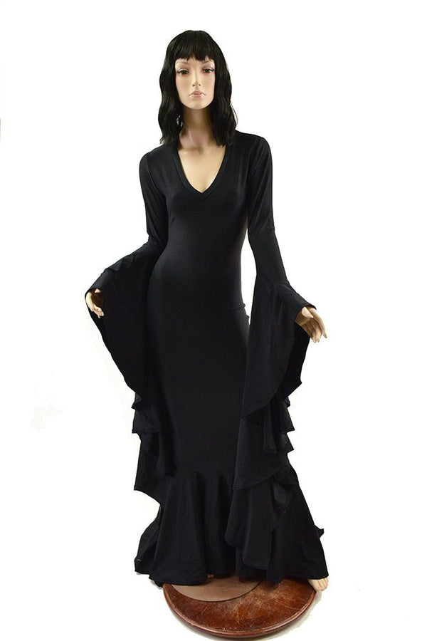 Black Zen Morticia Gown with V Neckline & Sorceress Sleeves - 5