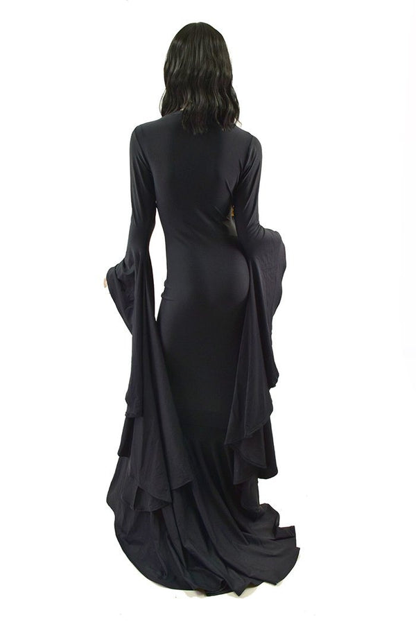 Black Zen Morticia Gown with V Neckline & Sorceress Sleeves - 3