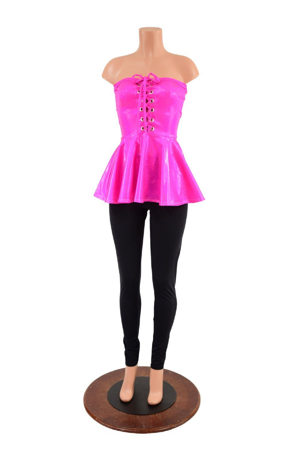 Neon Pink Sparkly Jewel Laceup Peplum Top - 3