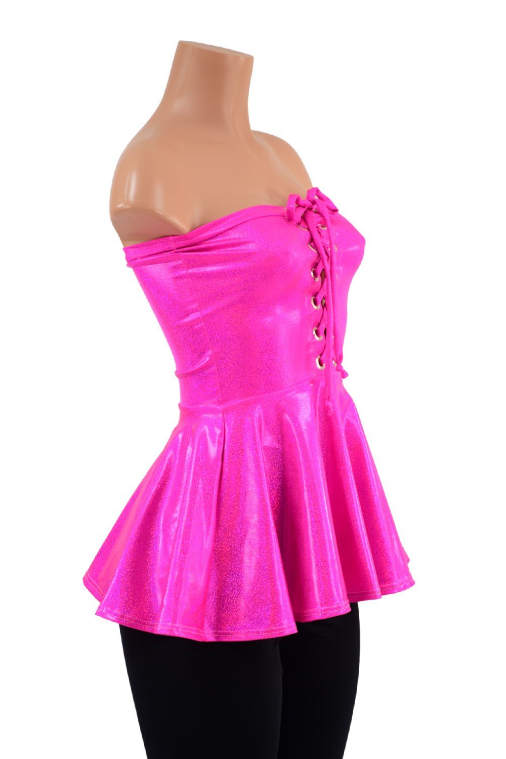 Neon Pink Sparkly Jewel Laceup Peplum Top