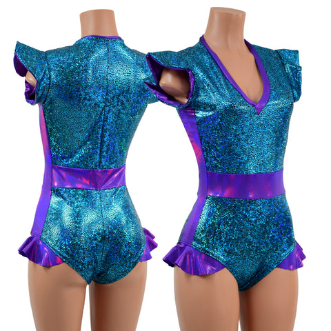 Turquoise Shattered Glass and Grape Holo Flip Sleeve Paneled Romper - Coquetry Clothing