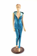 Turquoise Holographic Zipper Hoodie Catsuit - 2