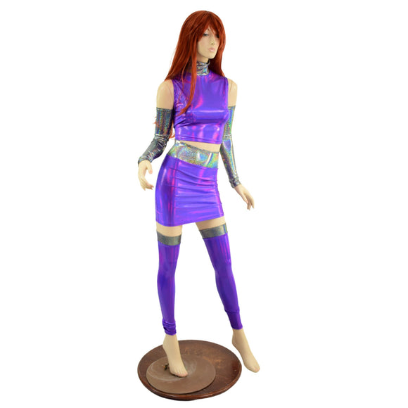 6PC Purple Crop Top & Skirt Set with Silver Holo Trim and Arm & Leg Warmers - Coquetry Clothing