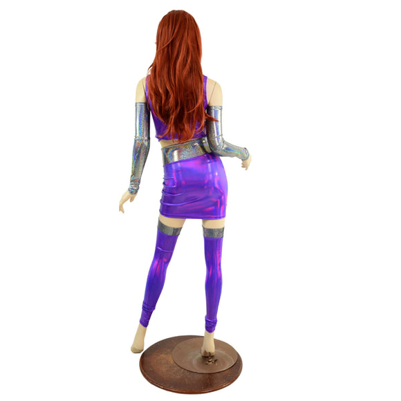 6PC Purple Crop Top & Skirt Set with Silver Holo Trim and Arm & Leg Warmers - Coquetry Clothing