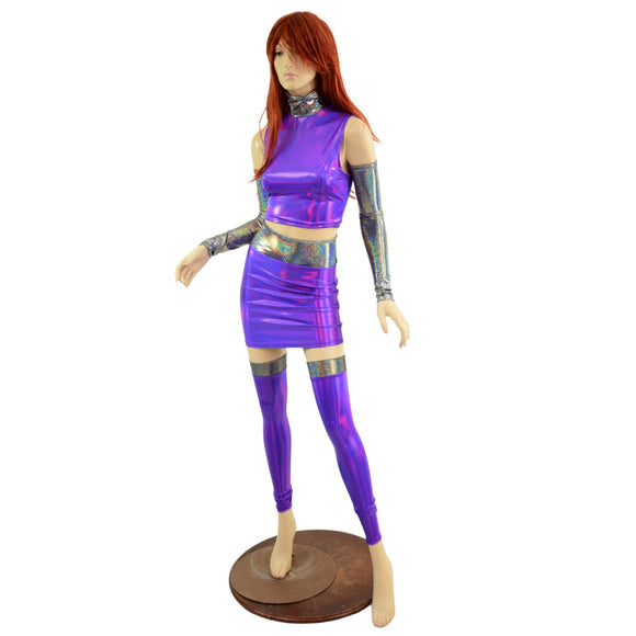 6PC Purple Crop Top & Skirt Set with Silver Holo Trim and Arm & Leg Warmers - Coquetry Clothing