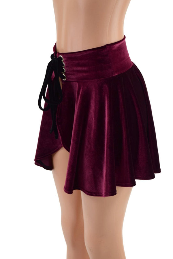 Open Front Lace Up Skirt in Burgundy Velvet - 3