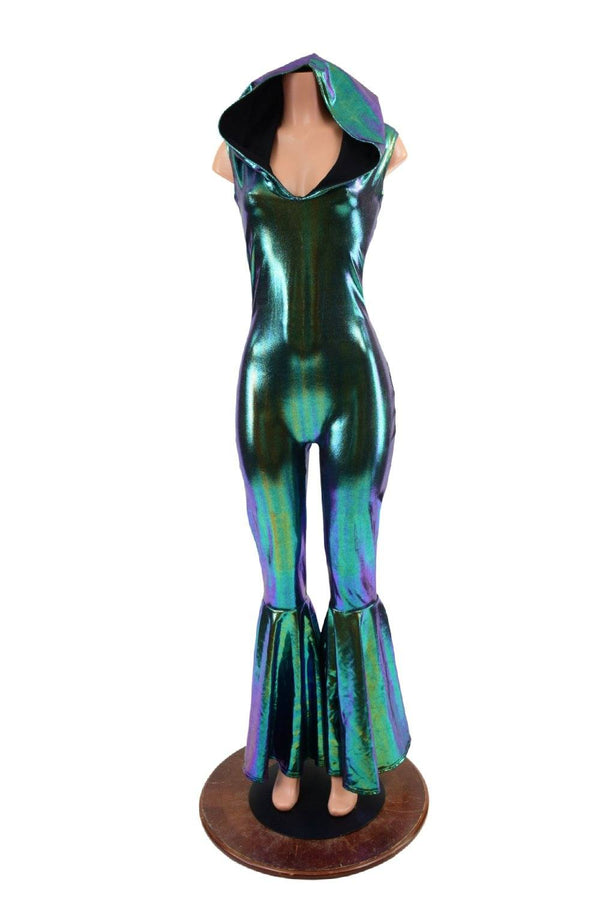 Sleeveless Hooded Bell Bottom Catsuit in Scarab - 3