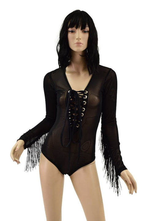 Sheer Black Mesh Laceup Fringe Romper - Coquetry Clothing