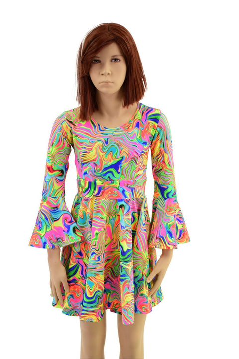 Girls Trumpet Sleeve Skater Dress in Neon Flux - Coquetry Clothing