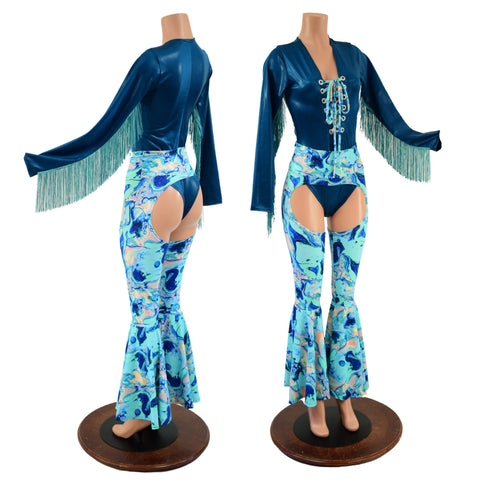 Lapis Lagoon Bell Bottom Chaps and Fringed Laceup Romper Set - Coquetry Clothing
