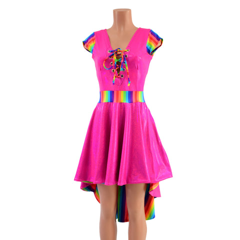 Neon Pink & Rainbow Striped Hi Lo Skater Dress with Flare Lining and Laceup - Coquetry Clothing