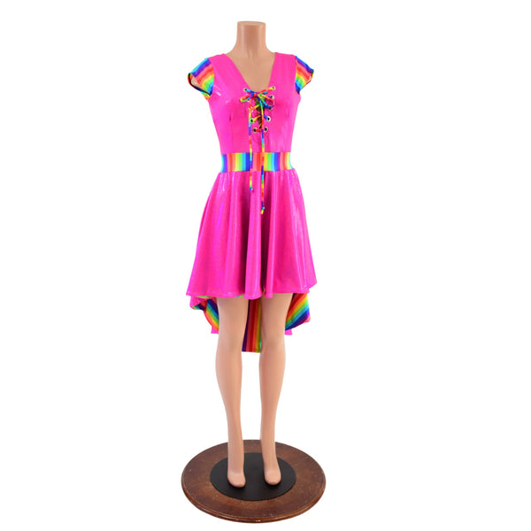 Neon Pink & Rainbow Striped Hi Lo Skater Dress with Flare Lining and Laceup - 2
