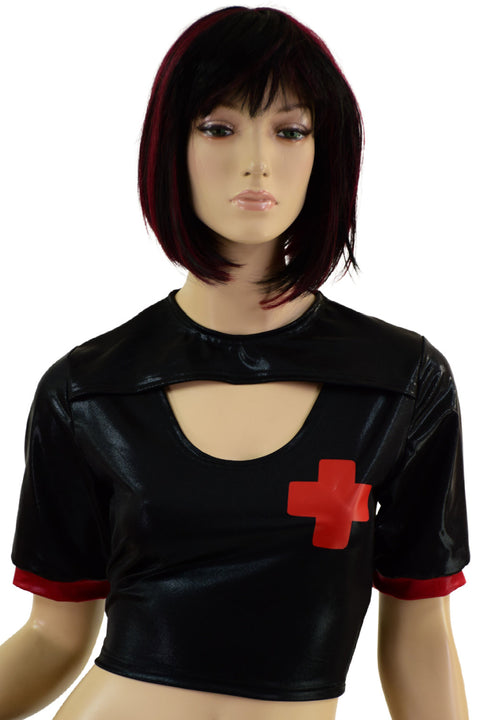 Black Mystique Nurse Crop Top with Red Vinyl Cross and Red Cuffs - Coquetry Clothing