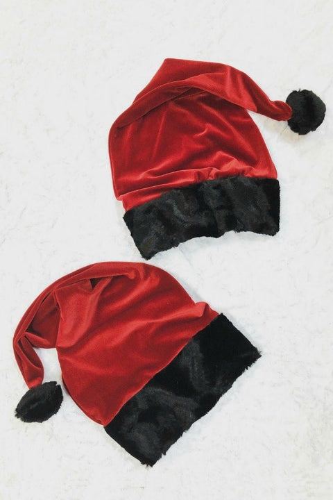 Red Velvet Santa Hat with Black Minky Trim - Coquetry Clothing
