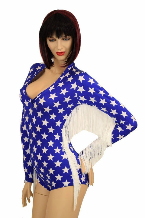 Blue & White Star V Neck Fringe Romper - Coquetry Clothing