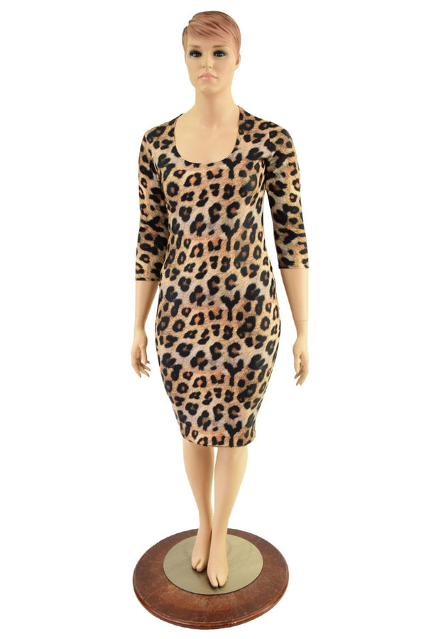 3/4 Sleeve Leopard Print Wiggle Dress - 1