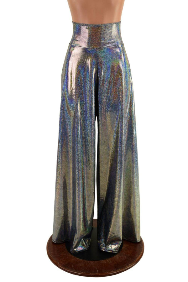 Silver Holographic High Waist Wide Leg Pants with Back Pockets - 1